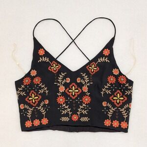Skylar + Jade Embroidered Floral Crop Top Size M Brown Lined Womens Boho Strappy